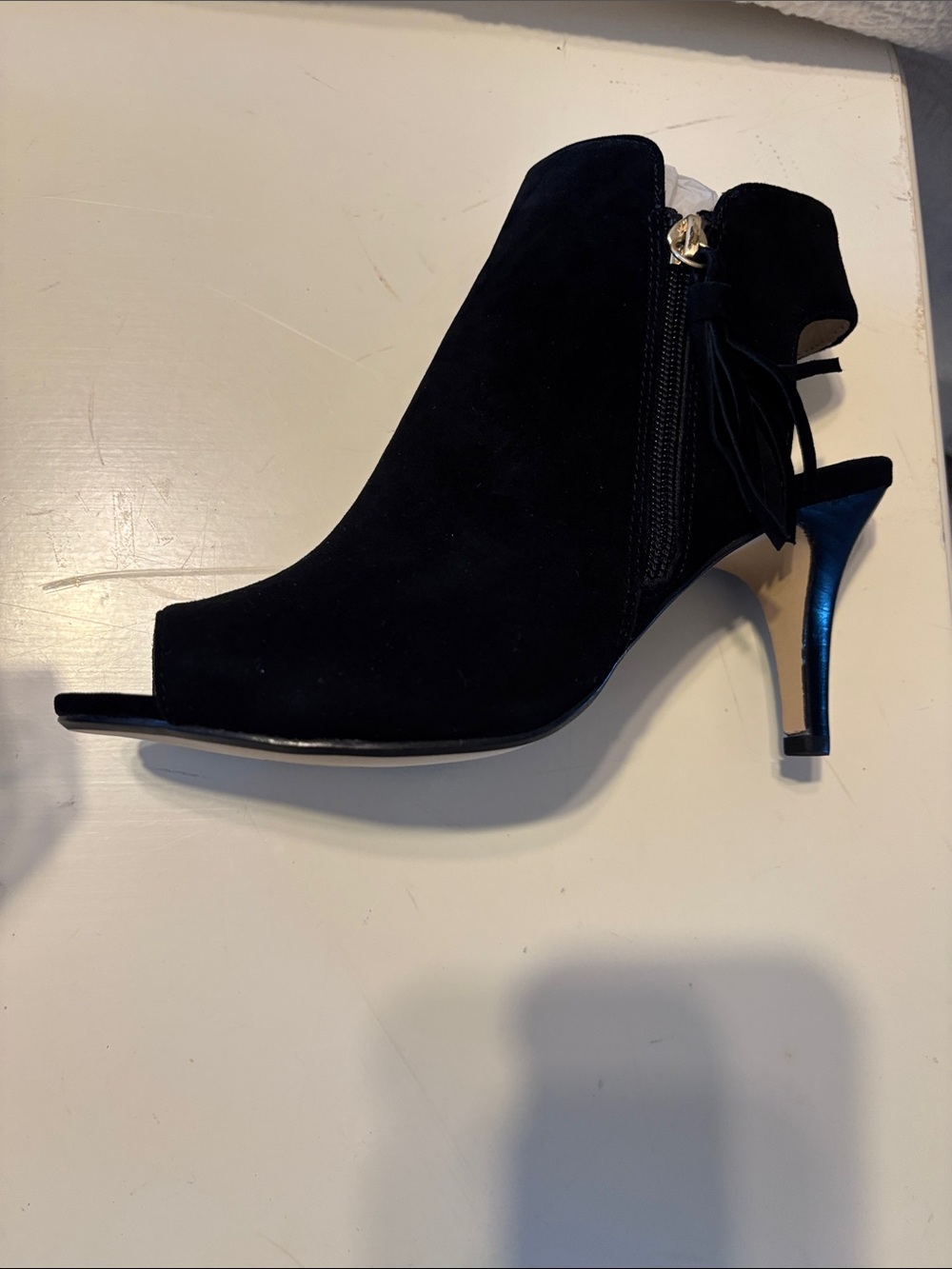 Adrienne Vittadini Black Suede Peep-Toe Ankle Bootie New in Box